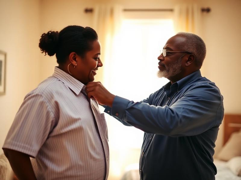 Caregiver patiently helping an elderly gentleman button his shirt in a sunlit bedroom