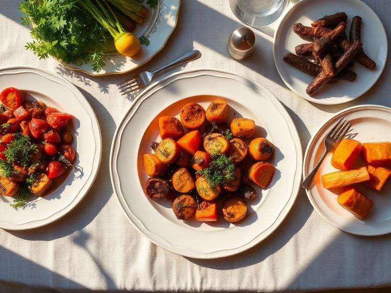 A freshly prepared home-cooked meal of roasted vegetables and herbs plated on elegant dishware