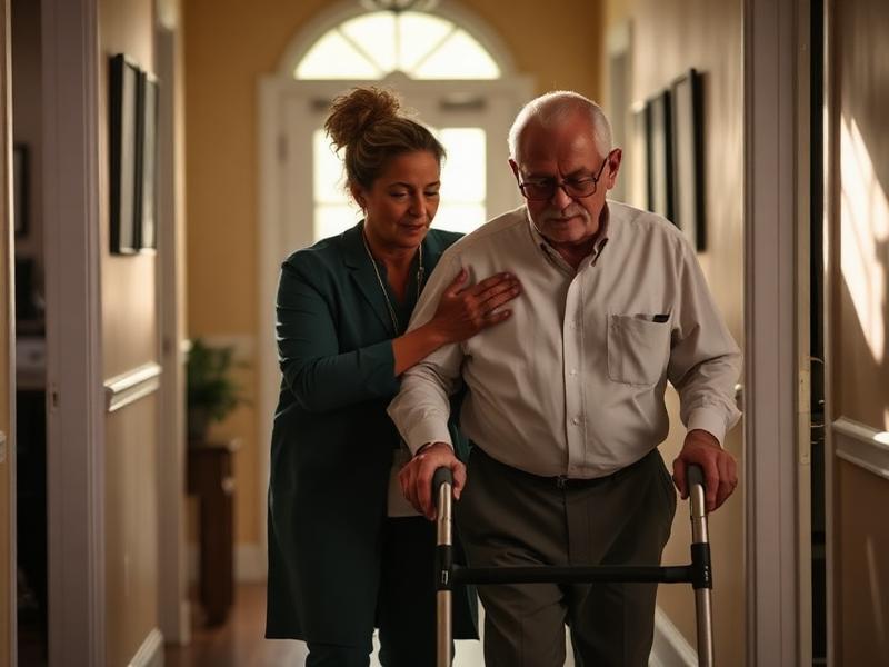 Caregiver steadying an elderly gentleman as he walks with a walker down a warm home hallway